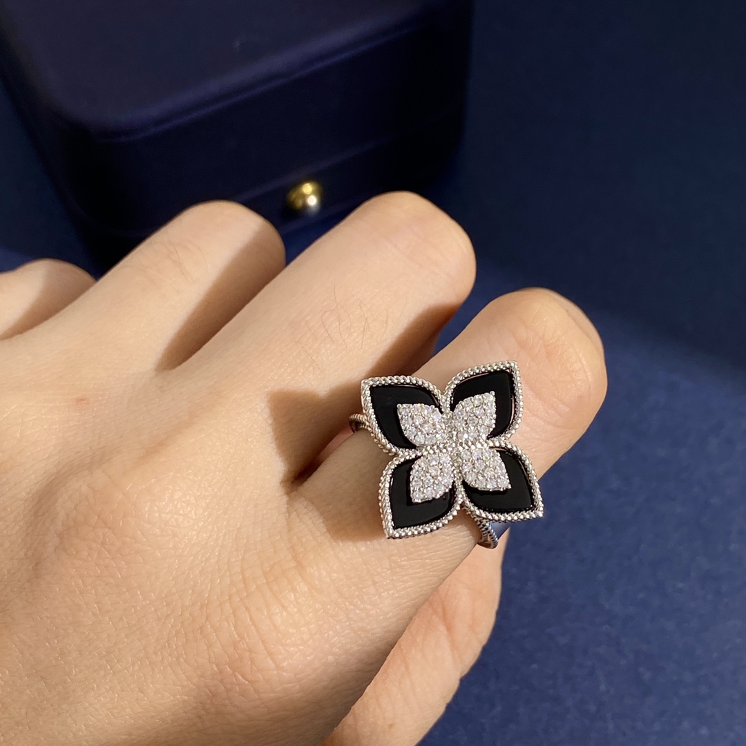 Bague Roberto Coin Princess Flower Or blanc avec accents de malachite et de diamants en émail bleu turquoise US 7
