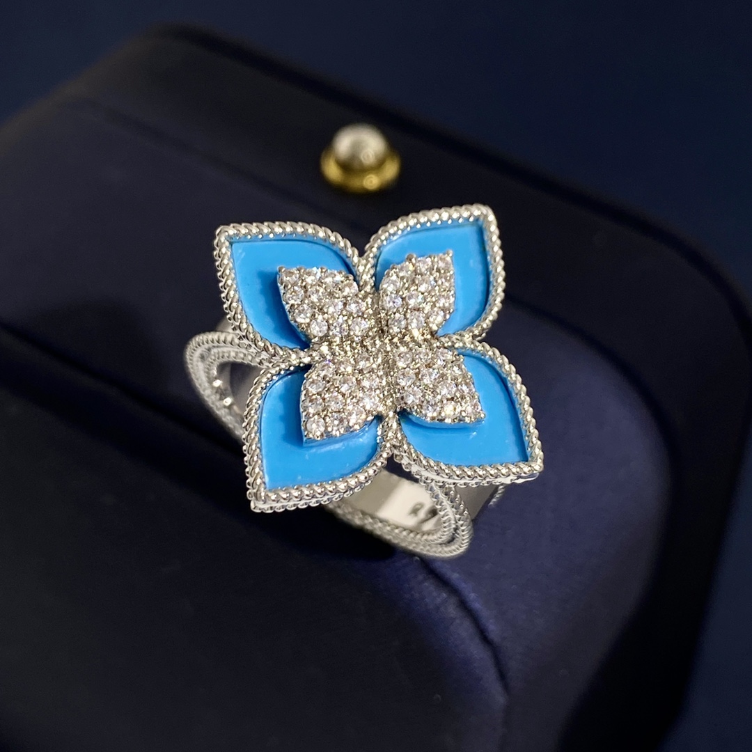 Bague Roberto Coin Princess Flower Or blanc avec accents de malachite et de diamants en émail bleu turquoise US 7