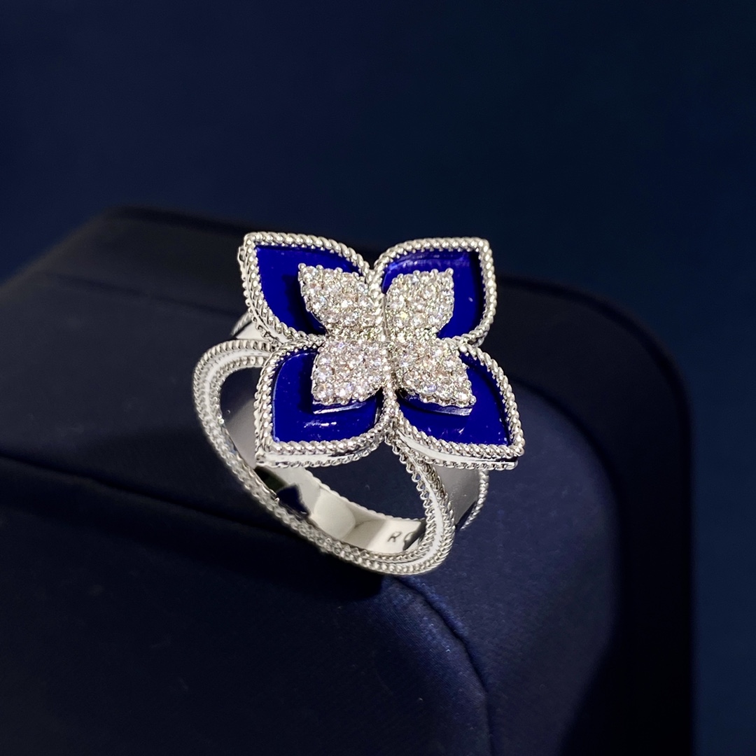 Bague Roberto Coin Princess Flower Or blanc avec accents de malachite et de diamants en émail bleu turquoise US 7