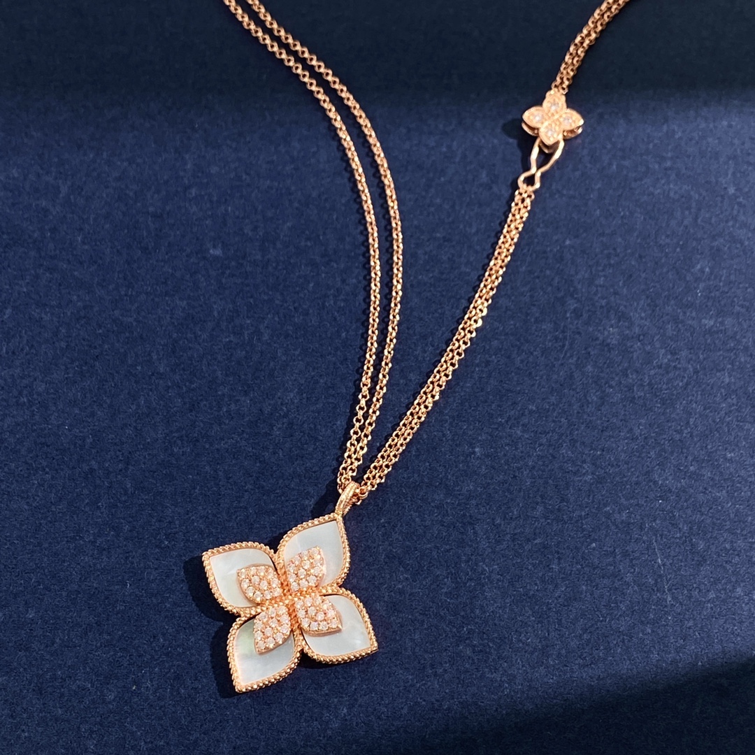 Roberto Coin Princess Flower necklace Rose gold with diamond accents available with onyx lapis lazuli mother-of-pearl turquoise and malachite inlays 18 inch