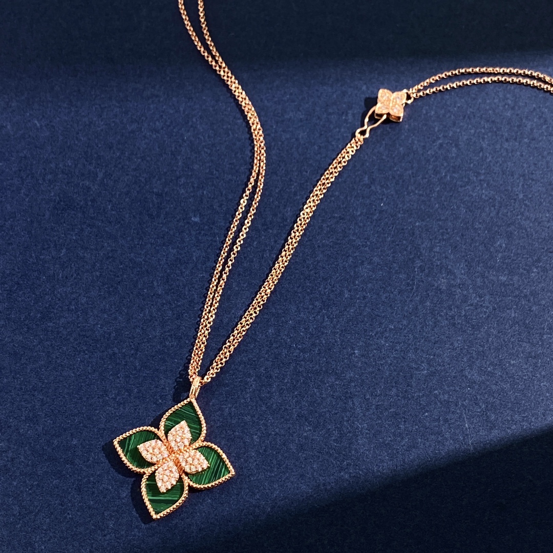 Roberto Coin Princess Flower necklace Rose gold with diamond accents available with onyx lapis lazuli mother-of-pearl turquoise and malachite inlays 18 inch