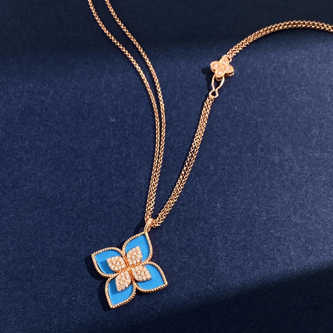 Roberto Coin Princess Flower necklace Rose gold with diamond accents available with onyx lapis lazuli mother-of-pearl turquoise and malachite inlays 18 inch
