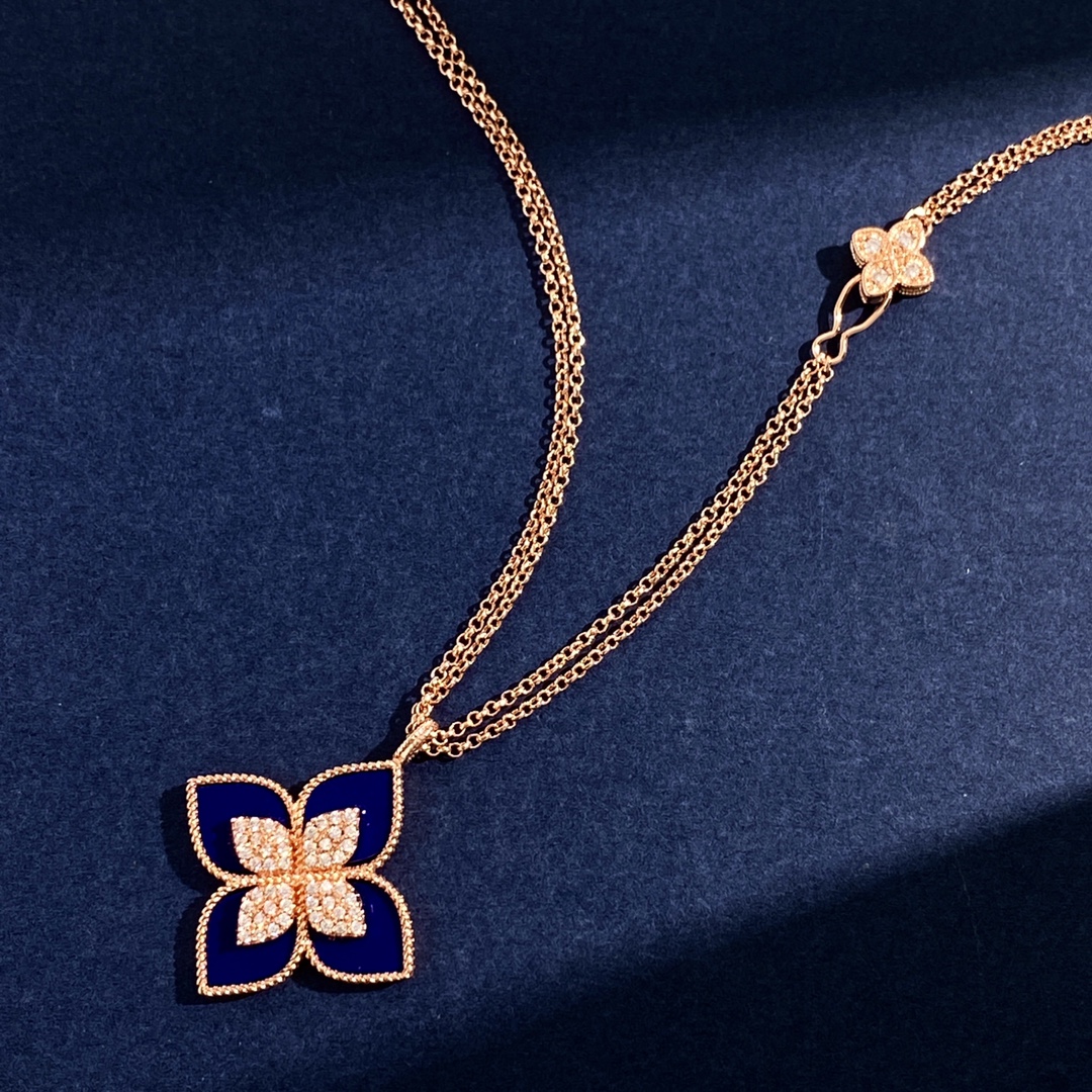 Roberto Coin Princess Flower necklace Rose gold with diamond accents available with onyx lapis lazuli mother-of-pearl turquoise and malachite inlays 18 inch