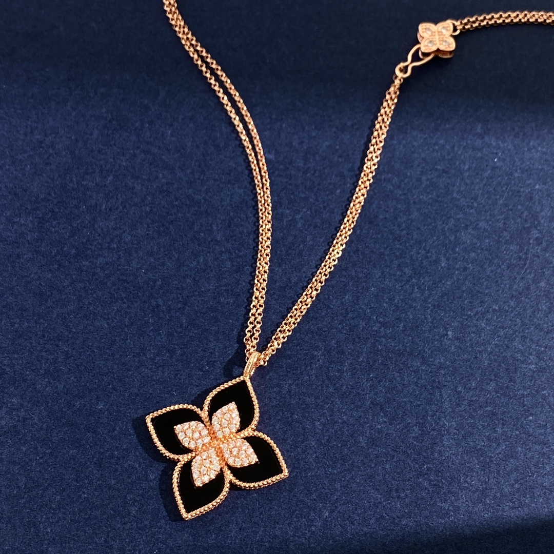 Roberto Coin Princess Flower necklace Rose gold with diamond accents available with onyx lapis lazuli mother-of-pearl turquoise and malachite inlays 18 inch