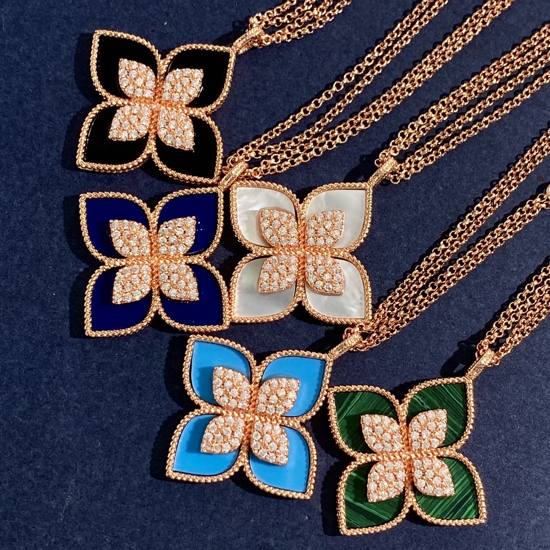 Roberto Coin Princess Flower necklace Rose gold with diamond accents available with onyx lapis lazuli mother-of-pearl turquoise and malachite inlays 18 inch