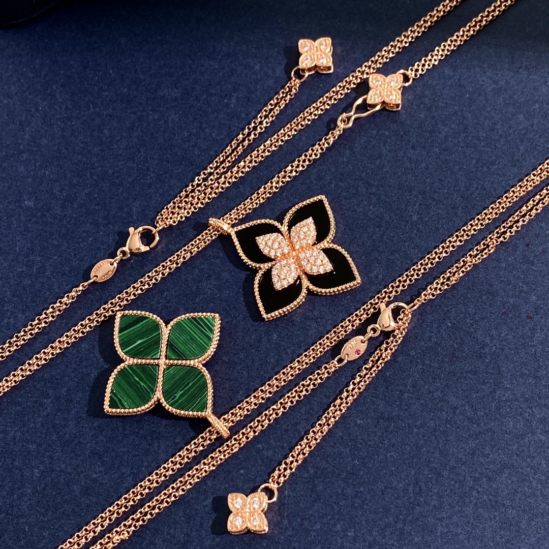 Roberto Coin Princess Flower necklace Rose gold with diamond accents available with onyx lapis lazuli mother-of-pearl turquoise and malachite inlays 18 inch