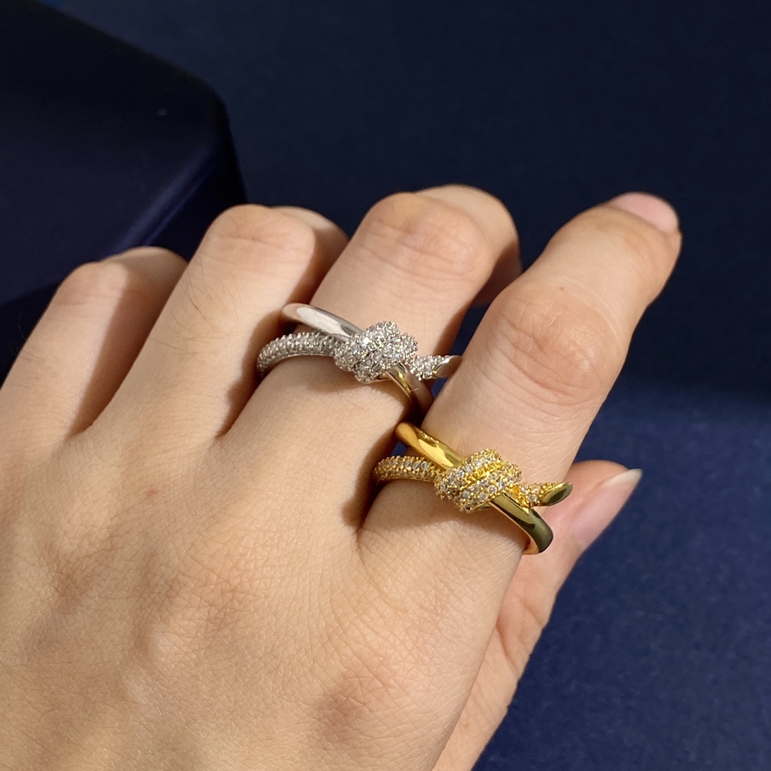 Tiffany Knot ring Yellow gold with clear diamond pave accents US 7
