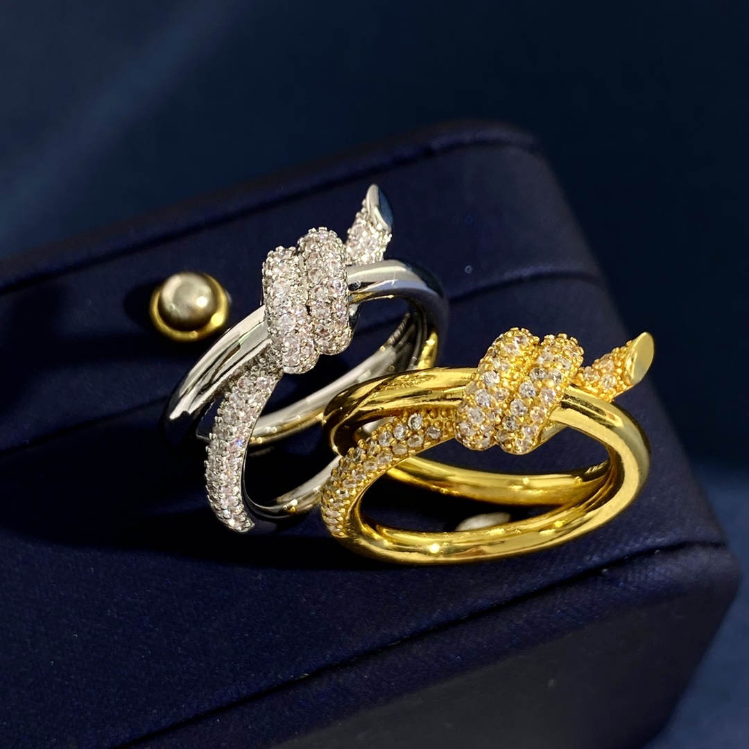 Tiffany Knot ring Yellow gold with clear diamond pave accents US 7
