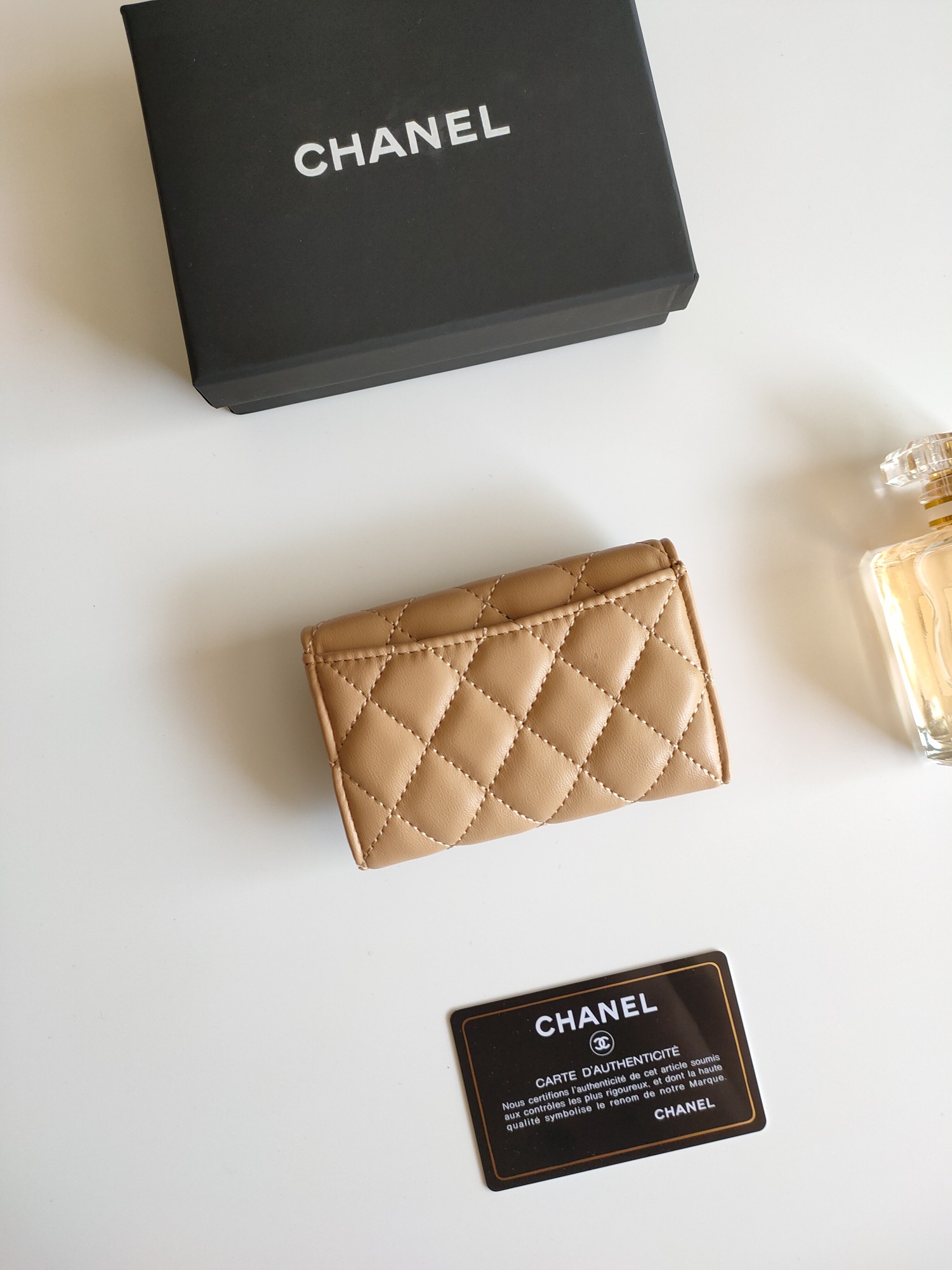 Chanel Classic Flap Card Holder pendant beige lambskin leather gold-tone metal hardware 7 5 11 3 2 1 cm