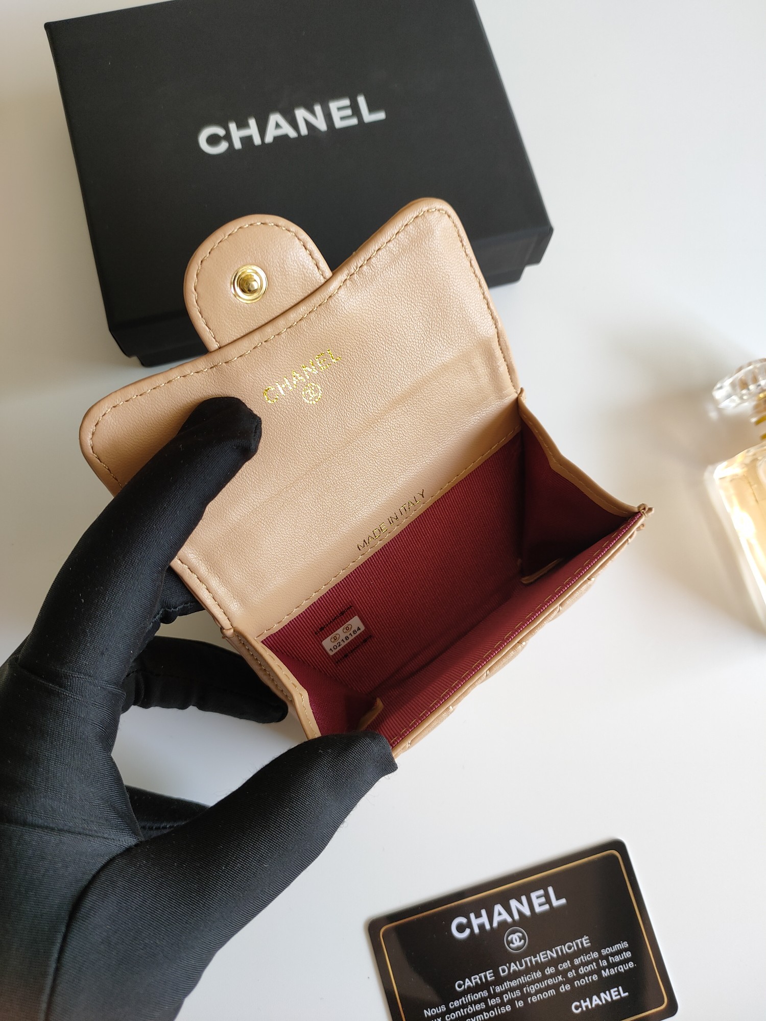 Chanel Classic Flap Card Holder pendant beige lambskin leather gold-tone metal hardware 7 5 11 3 2 1 cm