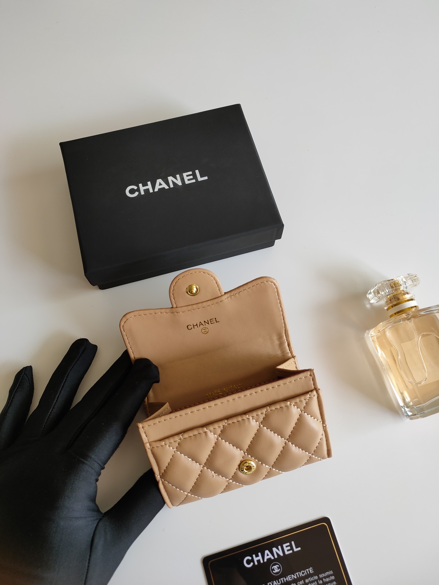 Chanel Classic Flap Card Holder pendant beige lambskin leather gold-tone metal hardware 7 5 11 3 2 1 cm
