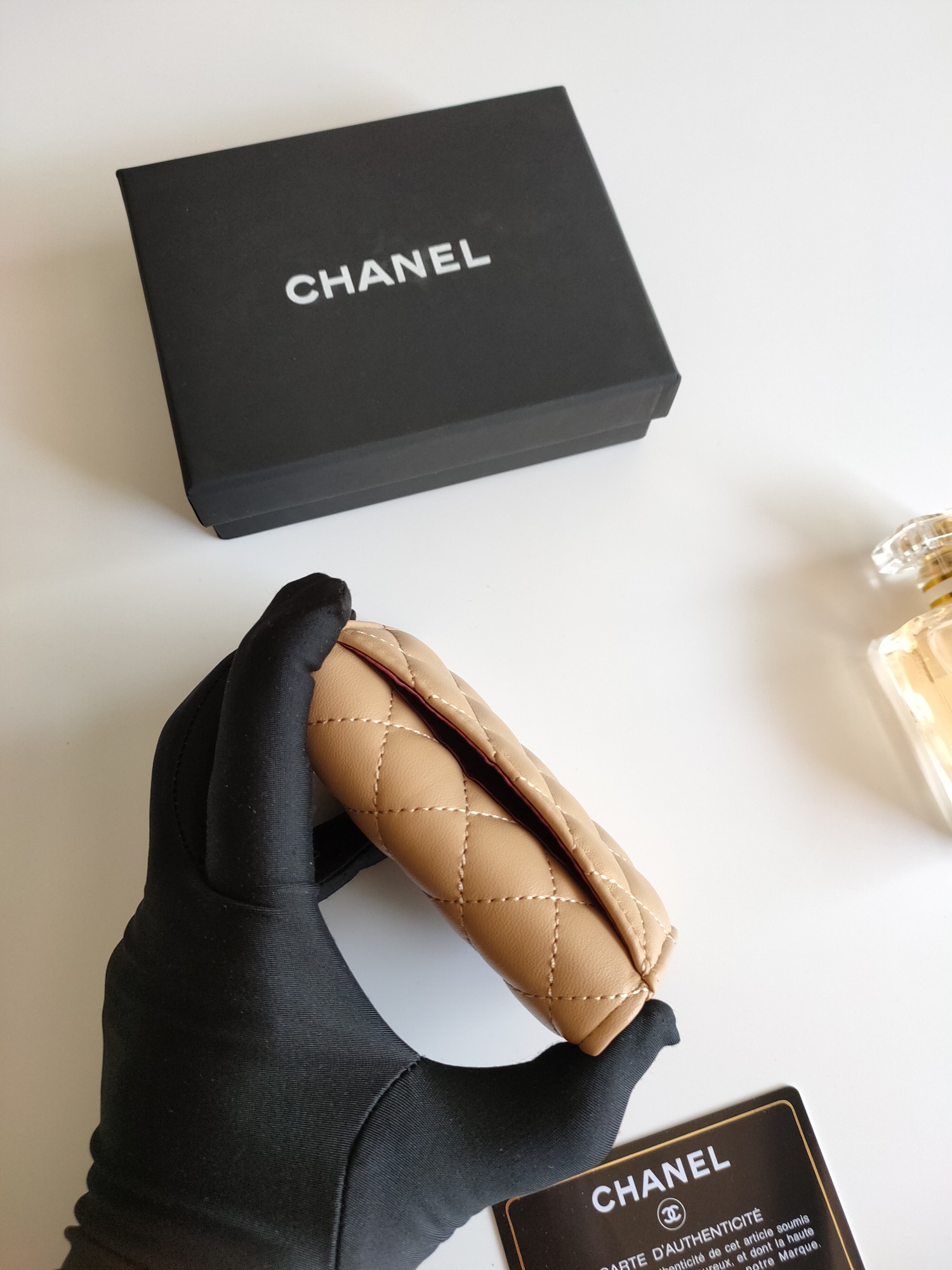 Chanel Classic Flap Card Holder pendant beige lambskin leather gold-tone metal hardware 7 5 11 3 2 1 cm