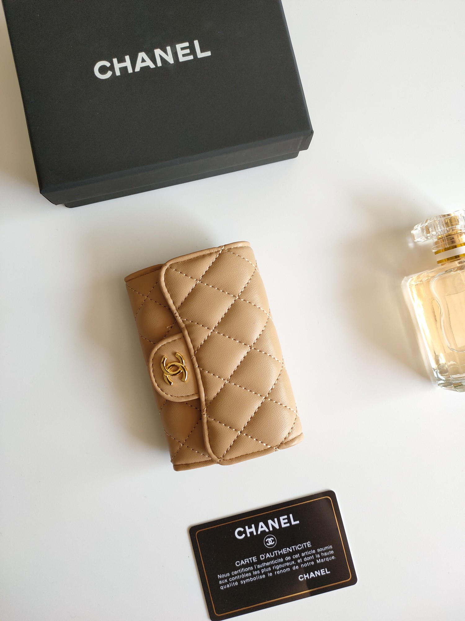 Chanel Classic Flap Card Holder pendant beige lambskin leather gold-tone metal hardware 7 5 11 3 2 1 cm