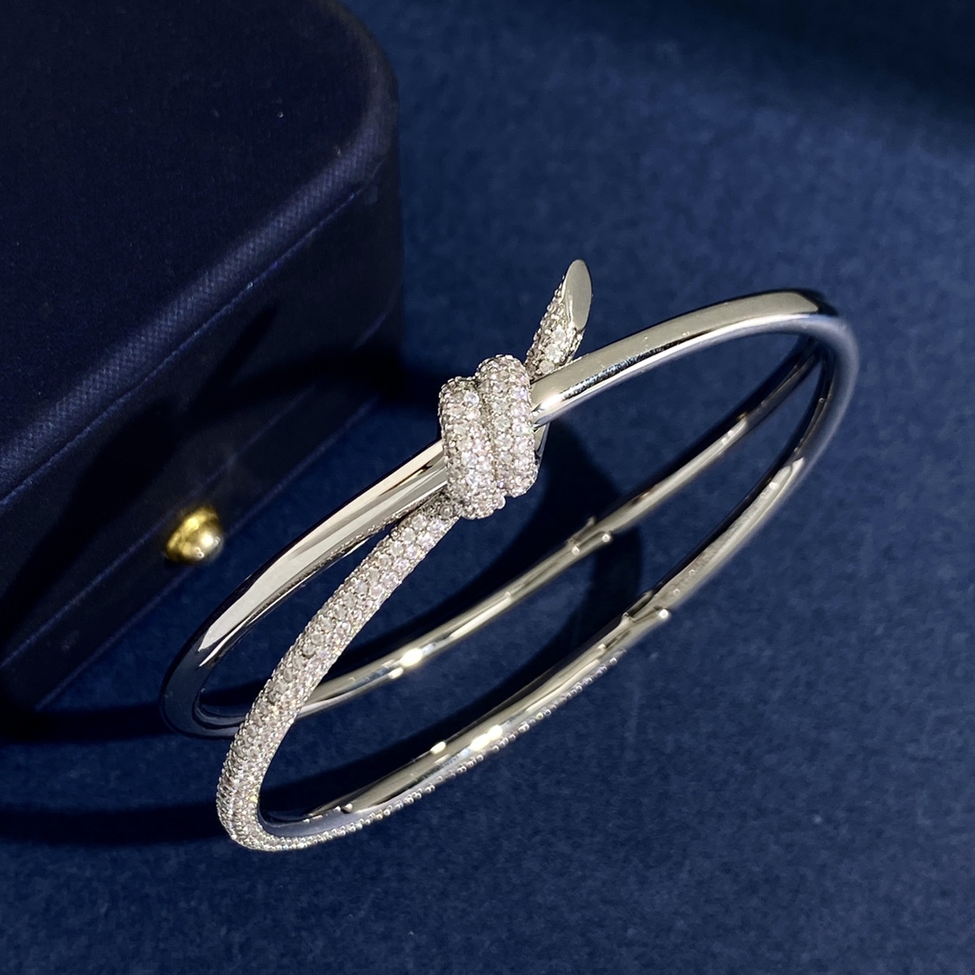 Tiffany Knot bracelet silver-toned metal with clear pave diamonds 17cm inner circumference