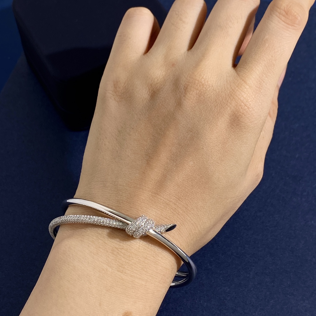 Tiffany Knot bracelet silver-toned metal with clear pave diamonds 17cm inner circumference