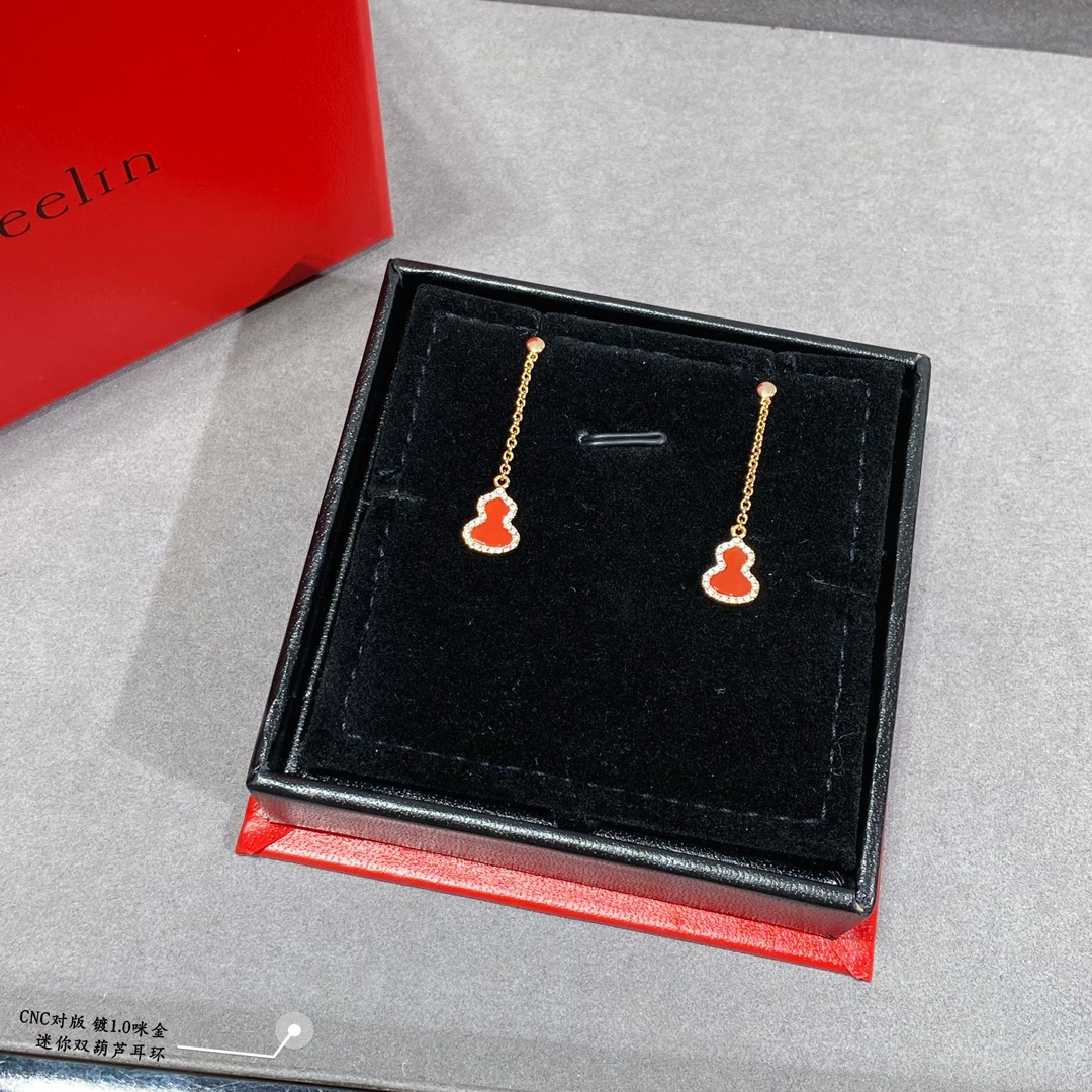 Qeelin Kirin Mini Gourd earrings gold plated metal with white mother-of-pearl green malachite red carnelian inlays and clear diamond accents 2cm drop length