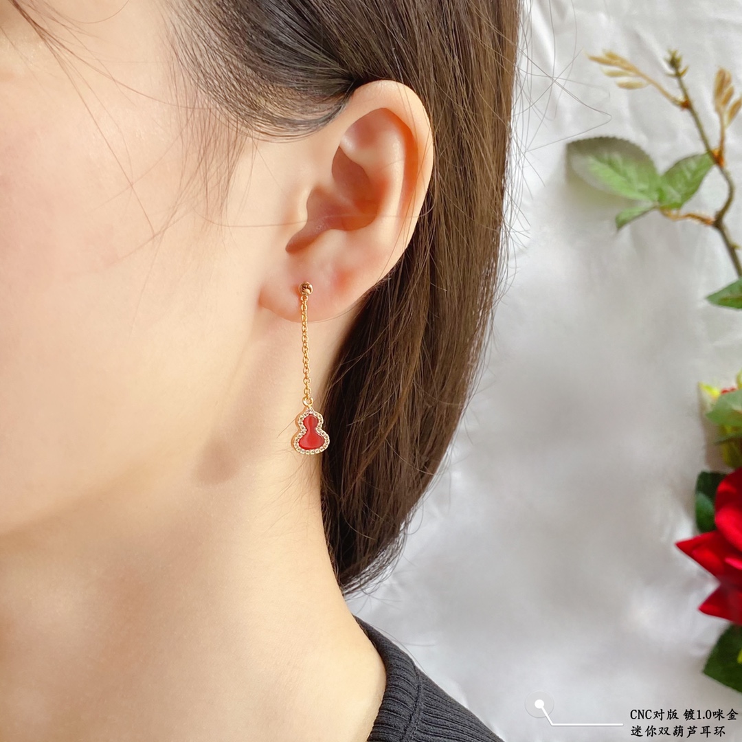 Qeelin Kirin Mini Gourd earrings gold plated metal with white mother-of-pearl green malachite red carnelian inlays and clear diamond accents 2cm drop length