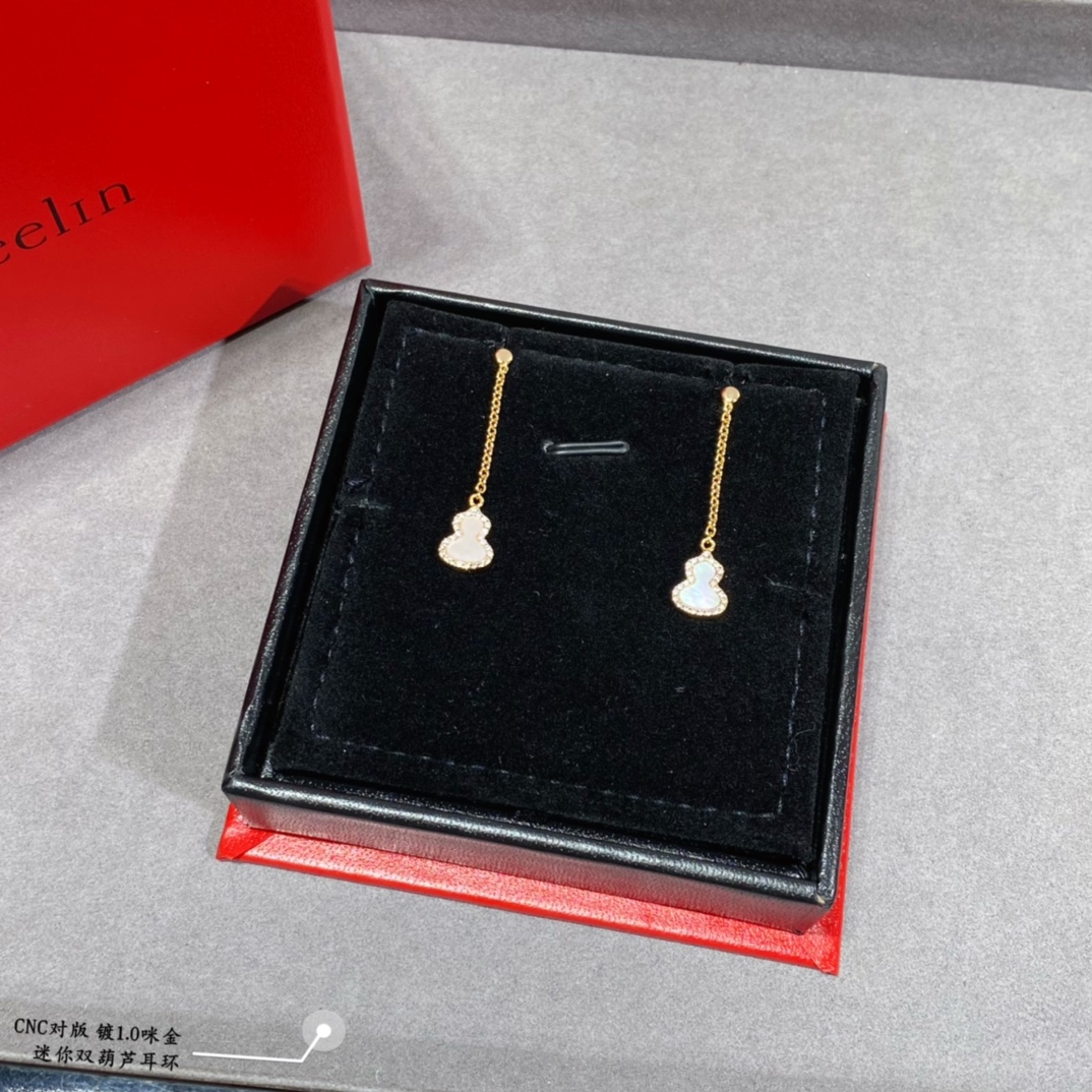 Qeelin Kirin Mini Gourd earrings gold plated metal with white mother-of-pearl green malachite red carnelian inlays and clear diamond accents 2cm drop length
