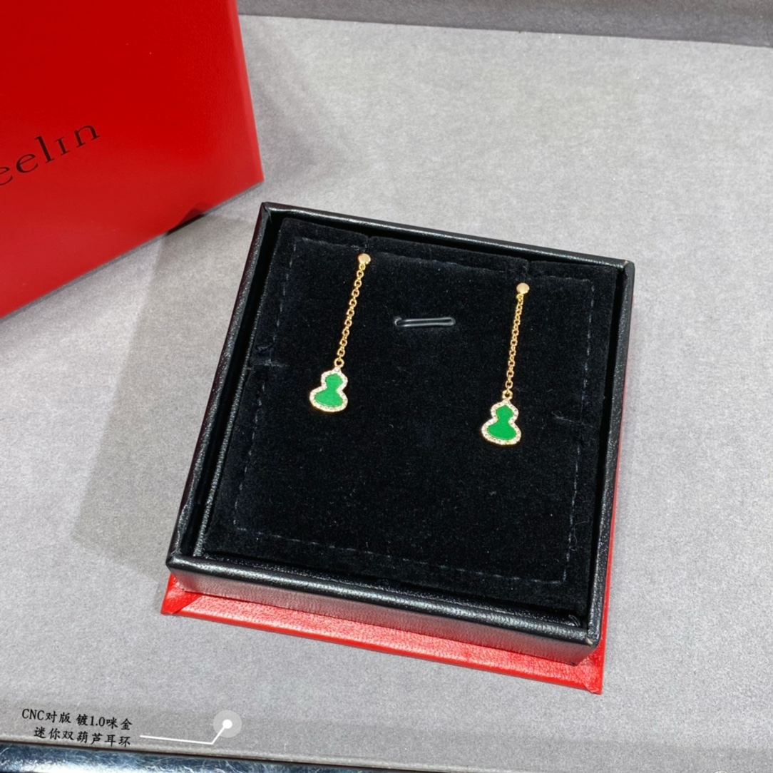 Qeelin Kirin Mini Gourd earrings gold plated metal with white mother-of-pearl green malachite red carnelian inlays and clear diamond accents 2cm drop length