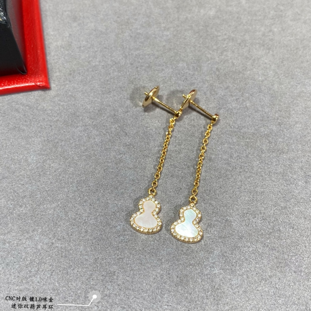 Qeelin Kirin Mini Gourd earrings gold plated metal with white mother-of-pearl green malachite red carnelian inlays and clear diamond accents 2cm drop length