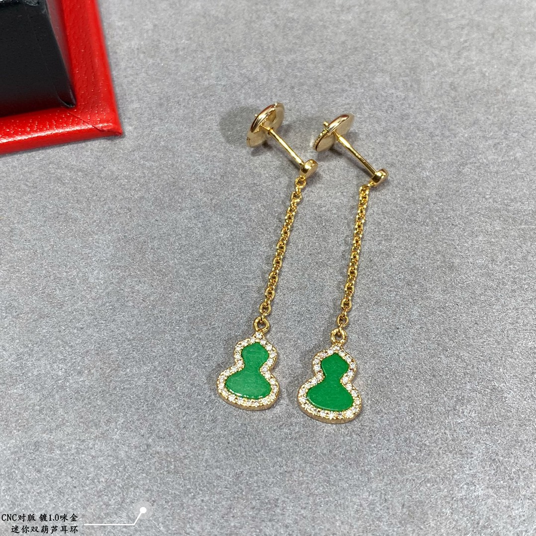 Qeelin Kirin Mini Gourd earrings gold plated metal with white mother-of-pearl green malachite red carnelian inlays and clear diamond accents 2cm drop length