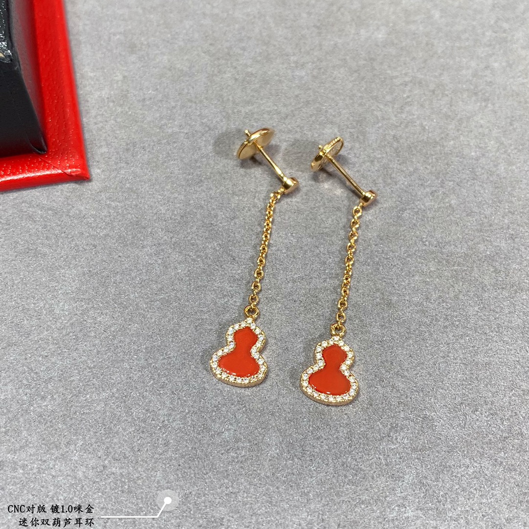 Qeelin Kirin Mini Gourd earrings gold plated metal with white mother-of-pearl green malachite red carnelian inlays and clear diamond accents 2cm drop length