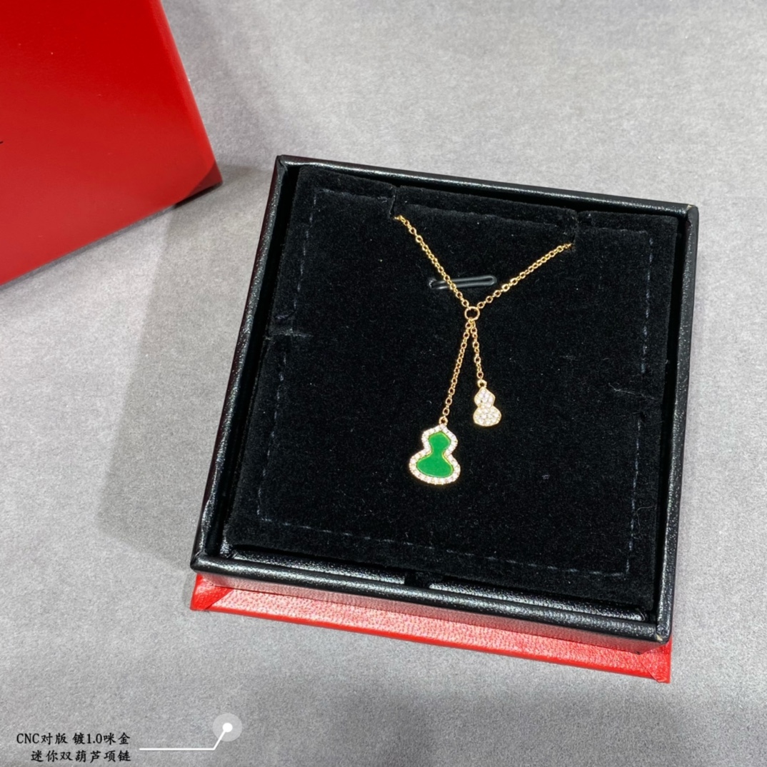 Qeelin Kirin Mini Double Gourd necklace Gold plated metal with clear high carbon diamond accents available with green enamel white mother-of-pearl or red enamel inlay 42cm with 3cm extender