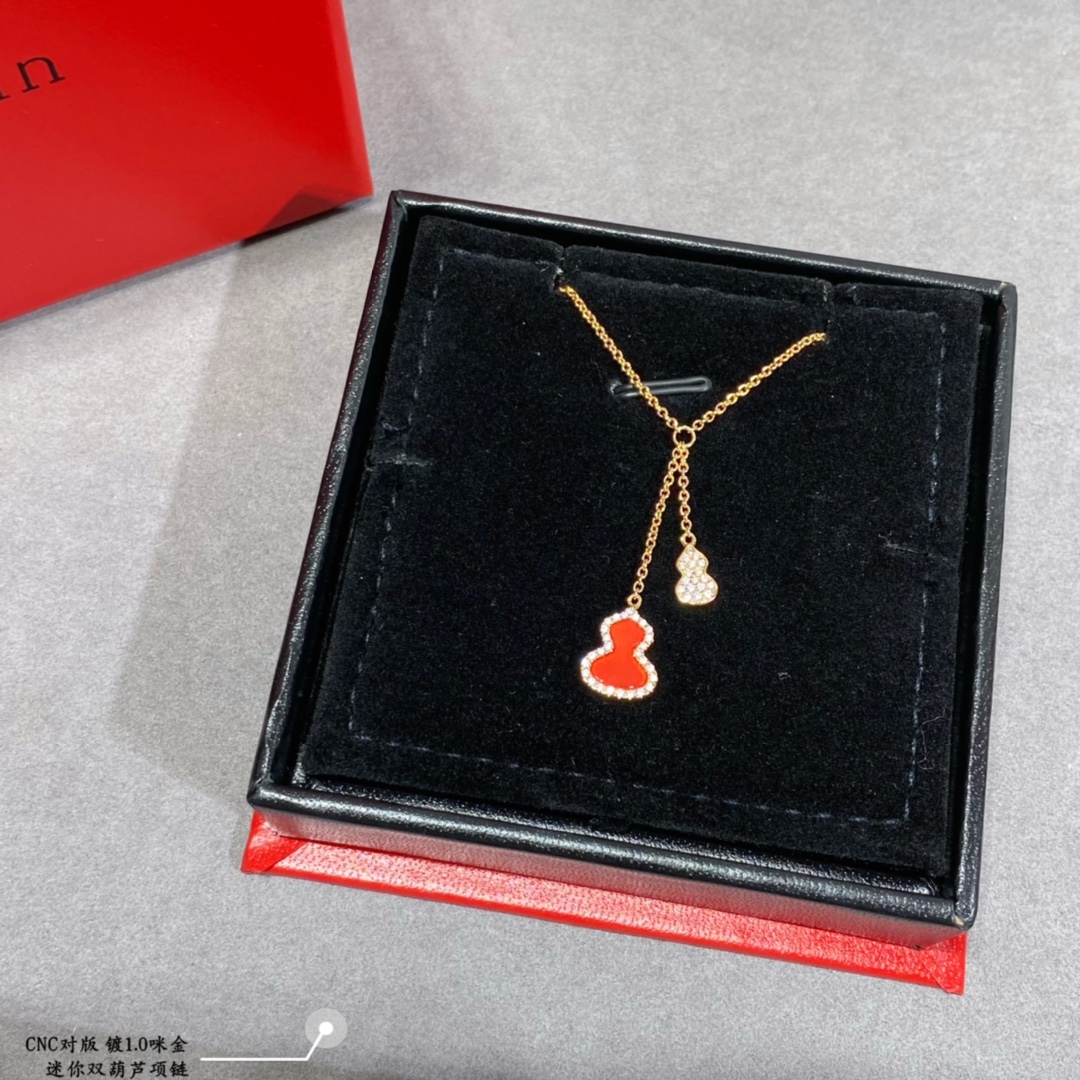 Qeelin Kirin Mini Double Gourd necklace Gold plated metal with clear high carbon diamond accents available with green enamel white mother-of-pearl or red enamel inlay 42cm with 3cm extender
