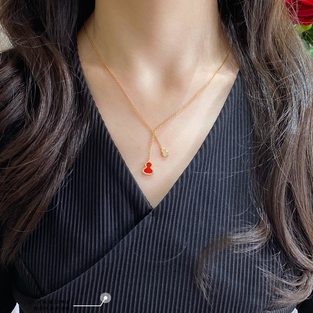 Qeelin Kirin Mini Double Gourd necklace Gold plated metal with clear high carbon diamond accents available with green enamel white mother-of-pearl or red enamel inlay 42cm with 3cm extender