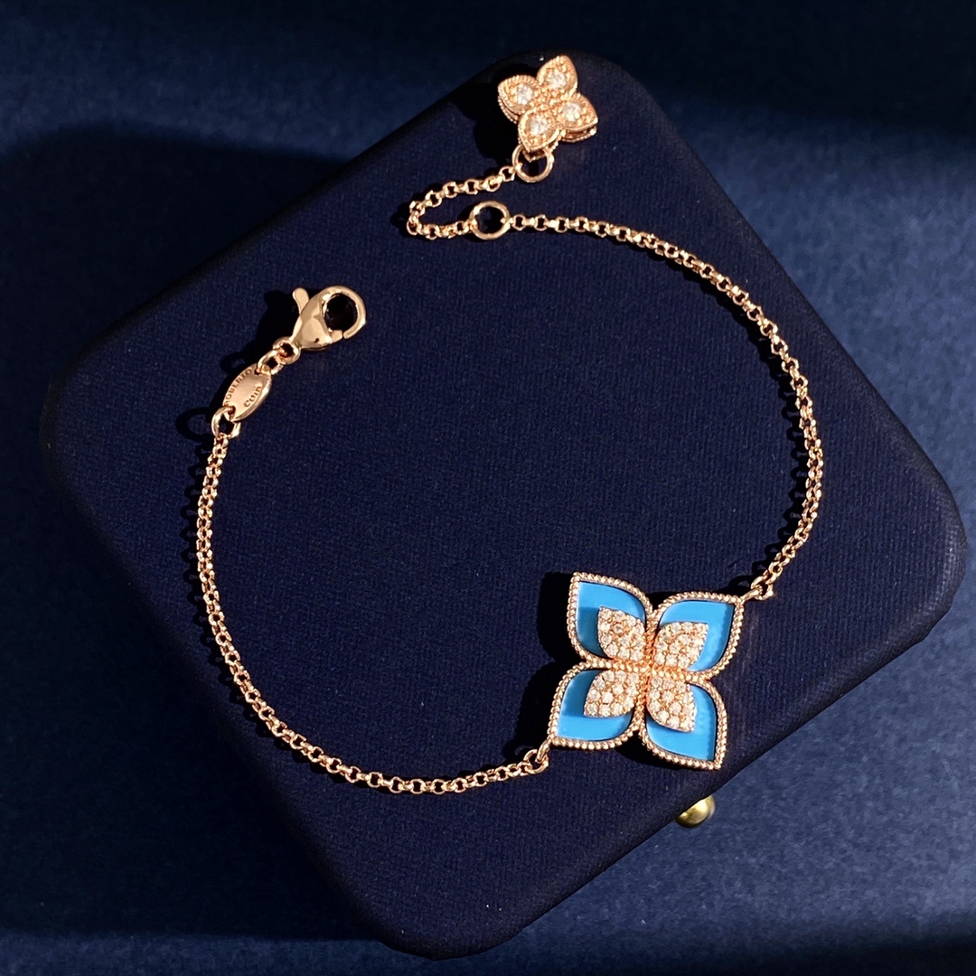Bracciale Van Cleef Arpels Princess Flower Oro rosa con madreperla bianca malachite turchese onice nero lapislazzuli e accenti di diamanti 17 cm