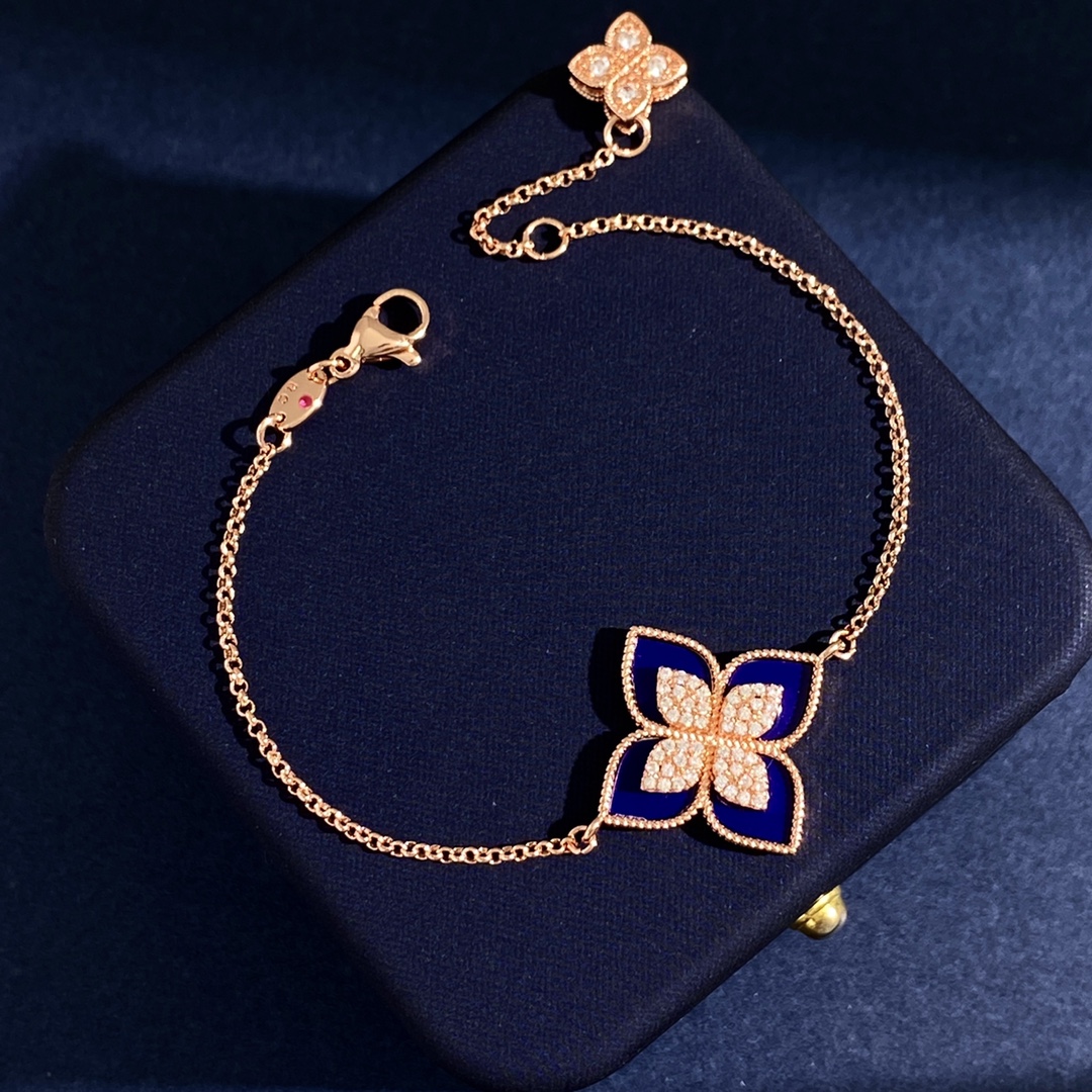 Bracciale Van Cleef Arpels Princess Flower Oro rosa con madreperla bianca malachite turchese onice nero lapislazzuli e accenti di diamanti 17 cm