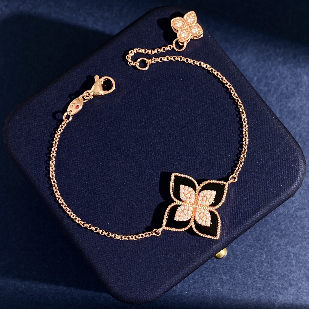 Bracciale Van Cleef Arpels Princess Flower Oro rosa con madreperla bianca malachite turchese onice nero lapislazzuli e accenti di diamanti 17 cm