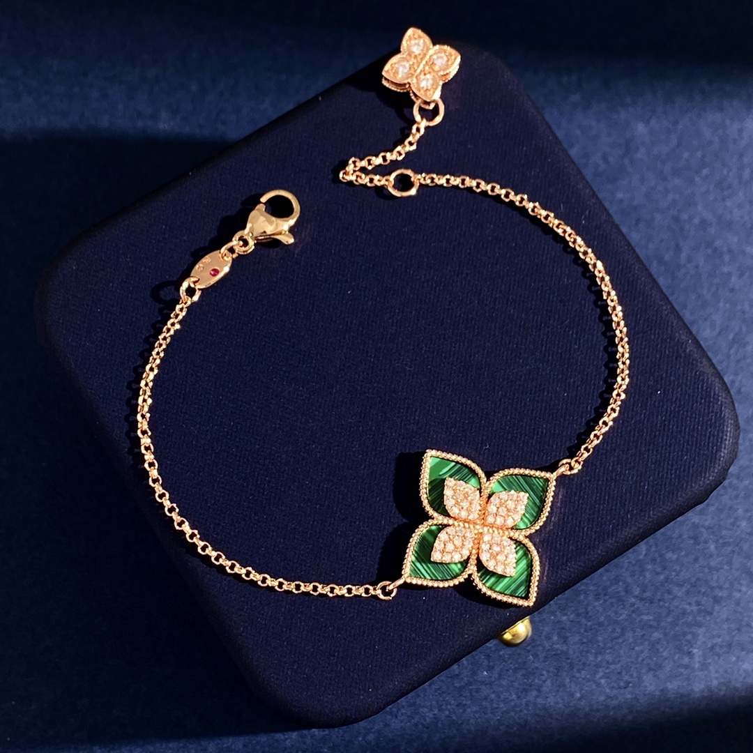 Bracciale Van Cleef Arpels Princess Flower Oro rosa con madreperla bianca malachite turchese onice nero lapislazzuli e accenti di diamanti 17 cm
