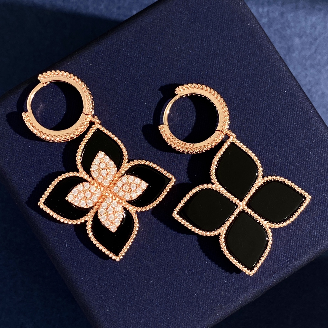 Roberto Coin Love in Verona Orecchini fiore oro rosa 18 carati con pavé di diamanti varianti disponibili blu royal lapislazzuli verde malachite madreperla bianca lunghezza goccia 2 5 cm
