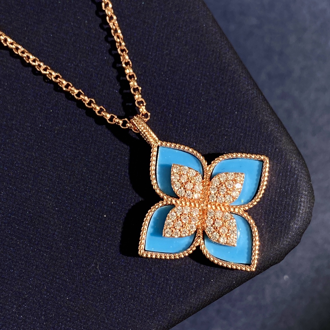 Roberto Coin Princess Flower necklace Rose gold with diamond pave available variants with white mother-of-pearl black onyx or blue lapis lazuli inlays 42cm