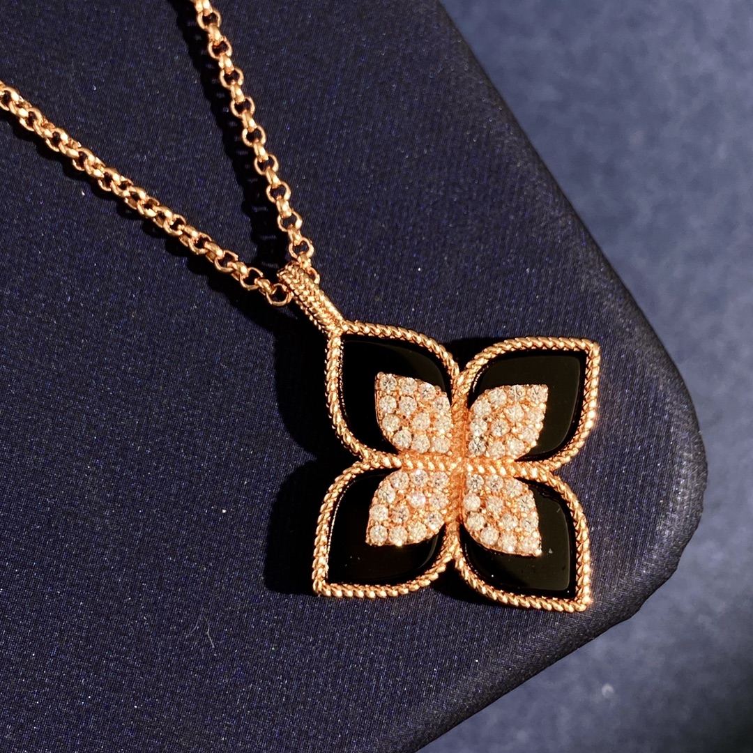 Roberto Coin Princess Flower necklace Rose gold with diamond pave available variants with white mother-of-pearl black onyx or blue lapis lazuli inlays 42cm