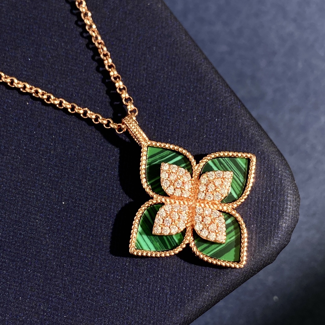 Roberto Coin Princess Flower necklace Rose gold with diamond pave available variants with white mother-of-pearl black onyx or blue lapis lazuli inlays 42cm