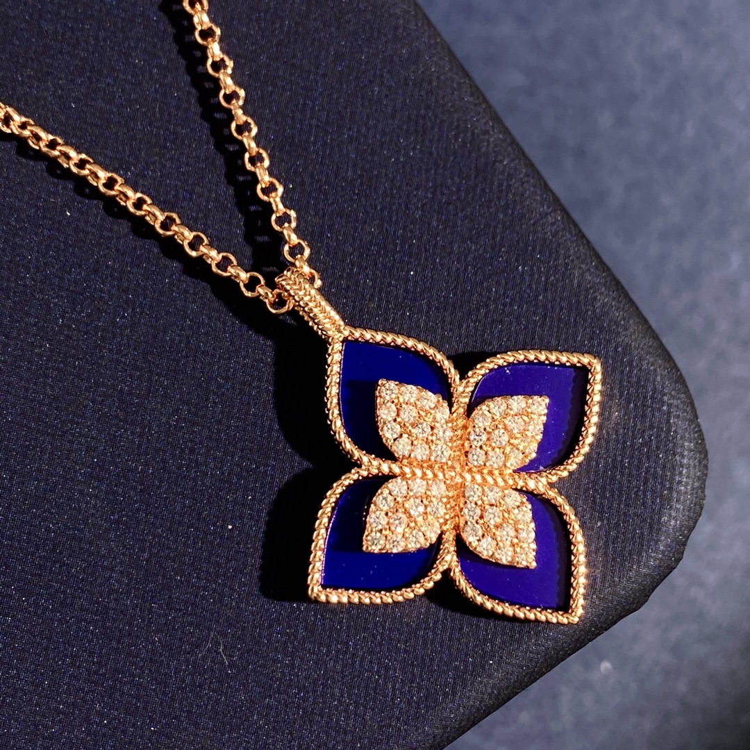Roberto Coin Princess Flower necklace Rose gold with diamond pave available variants with white mother-of-pearl black onyx or blue lapis lazuli inlays 42cm