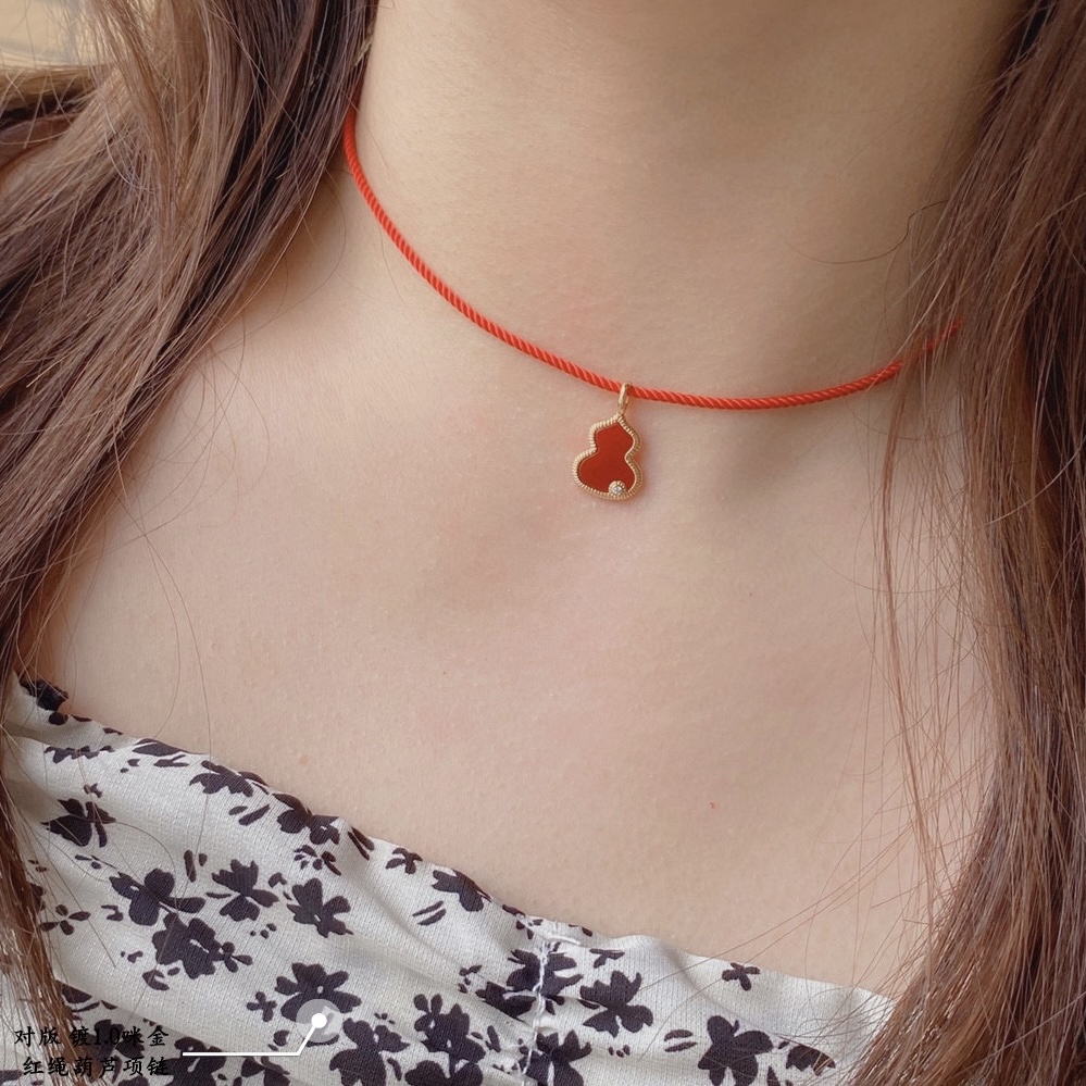 Qeelin Wulu necklace 18k gold plated metal red agate clear diamond accent red cord 40cm with 5cm extension chain