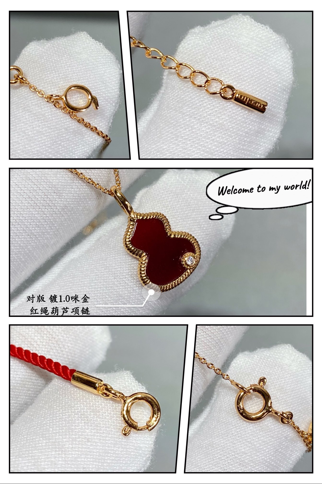 Qeelin Wulu necklace 18k gold plated metal red agate clear diamond accent red cord 40cm with 5cm extension chain