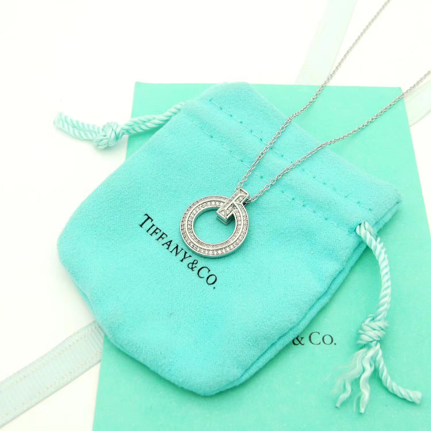 Tiffany Co T1 necklace silver-toned metal with clear diamond accents 18 inches