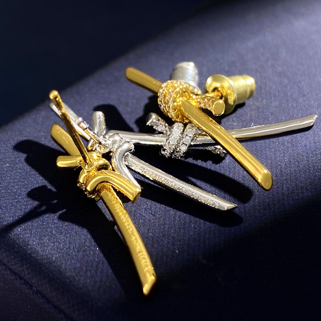 Tiffany Tiffany Knot earrings Yellow gold with clear diamond accents 4 5cm drop length