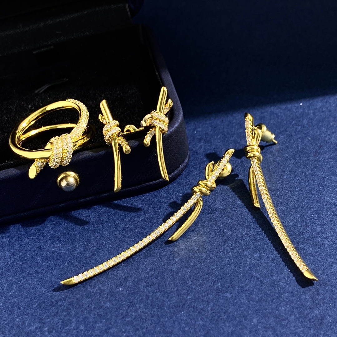 Tiffany Knot earrings yellow gold with clear diamond accents 20mm