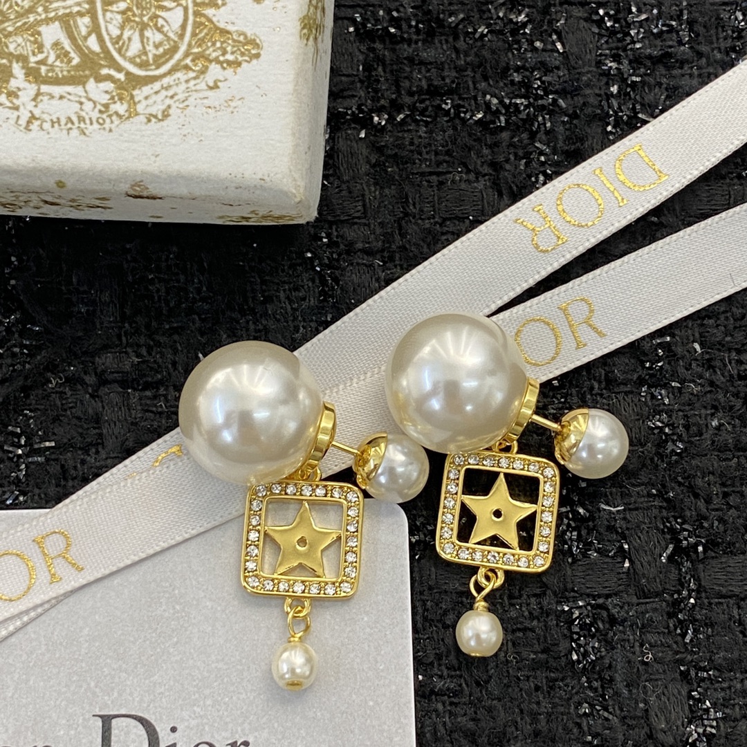 Dior Tribales Star Square Pearl Drop Earrings earrings Gold-tone metal white faux pearls clear crystal accents One Size drop length approx 3cm
