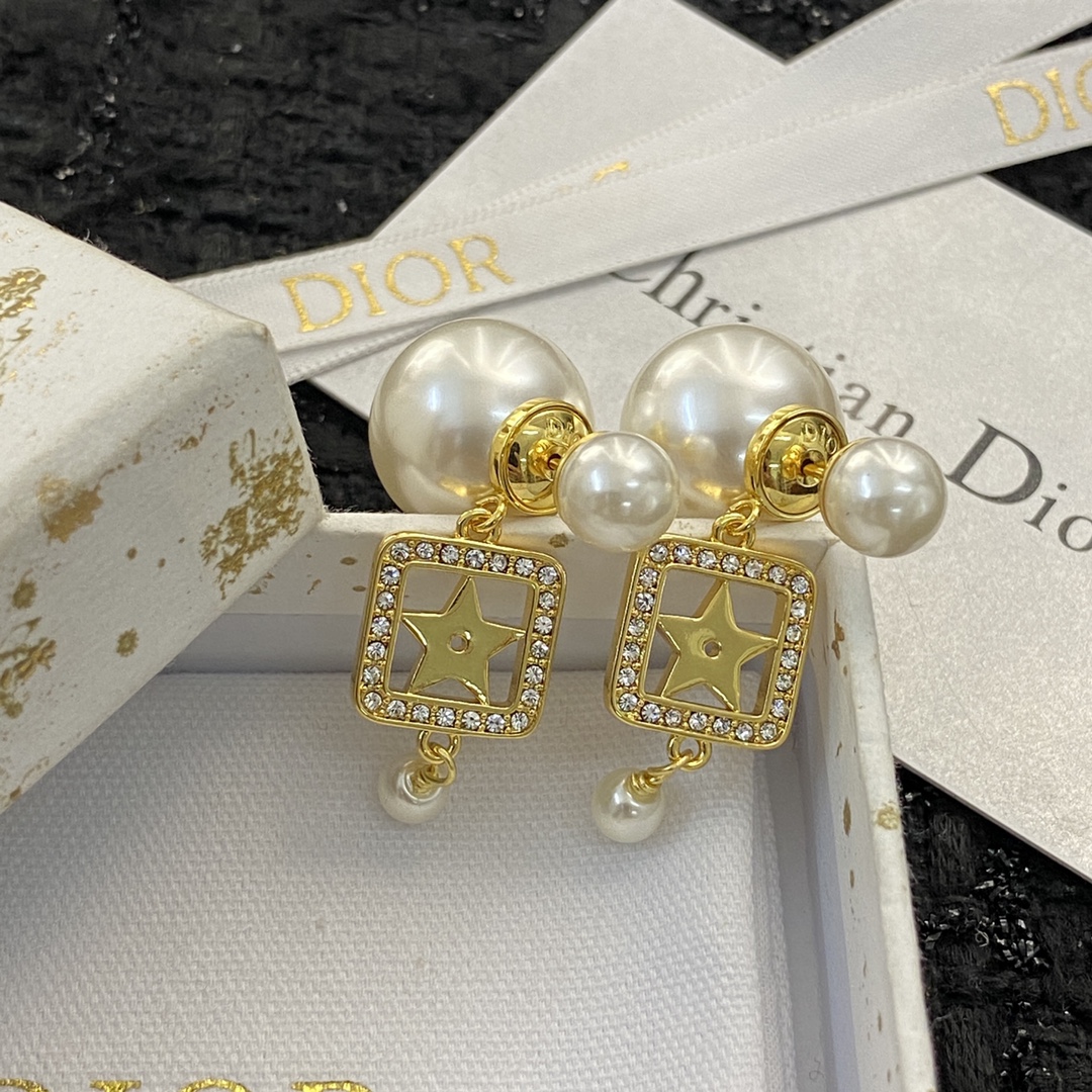 Dior Tribales Star Square Pearl Drop Earrings earrings Gold-tone metal white faux pearls clear crystal accents One Size drop length approx 3cm