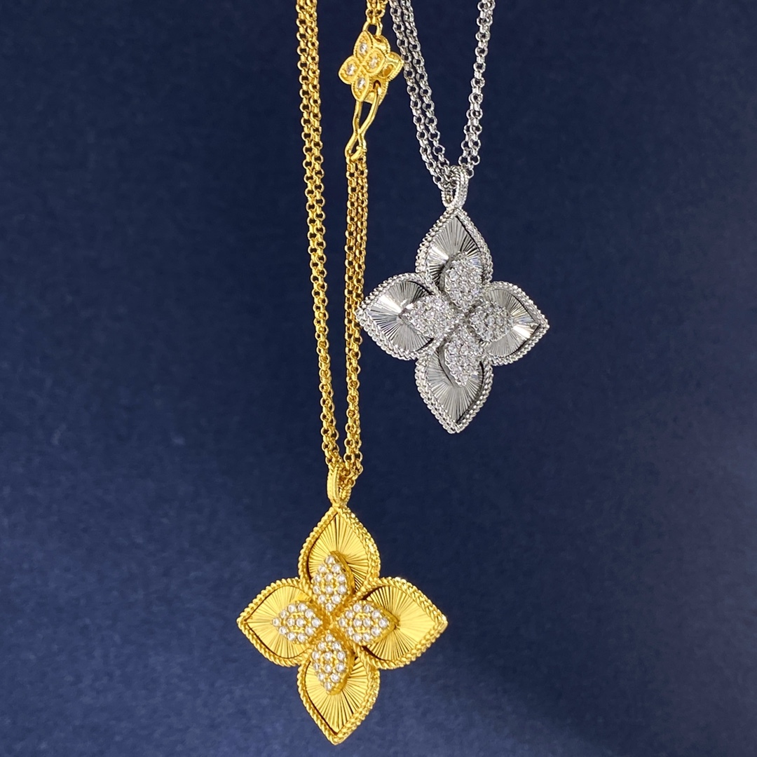 Collana Roberto Coin Princess Flower in oro giallo 18 carati con pavé di diamanti Oro bianco 18 carati con pavé di diamanti Catena regolabile da 18 pollici