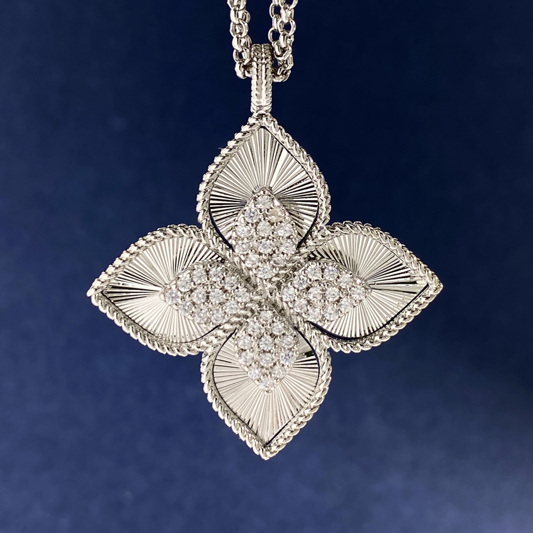 Collana Roberto Coin Princess Flower in oro giallo 18 carati con pavé di diamanti Oro bianco 18 carati con pavé di diamanti Catena regolabile da 18 pollici