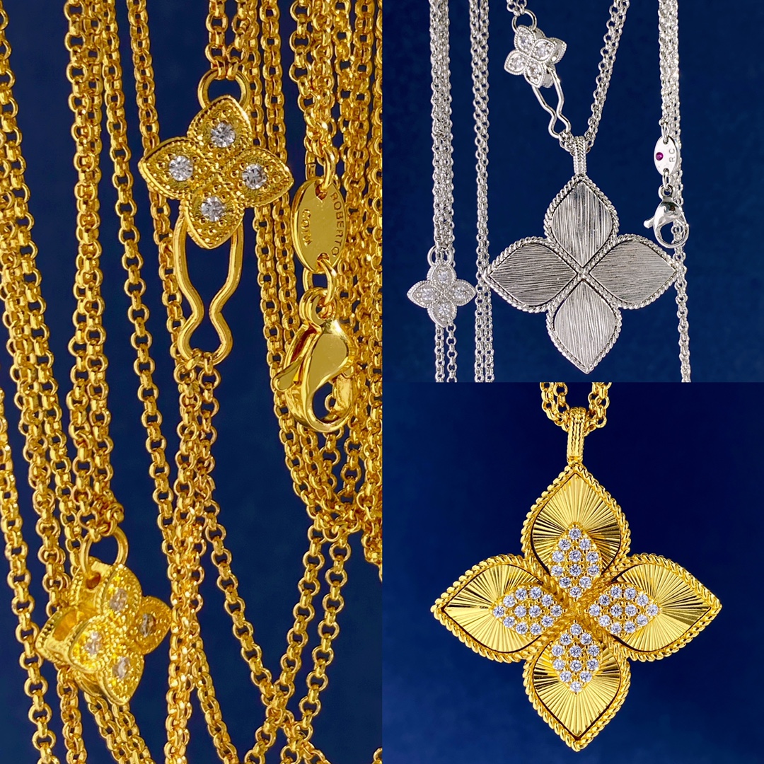 Collana Roberto Coin Princess Flower in oro giallo 18 carati con pavé di diamanti Oro bianco 18 carati con pavé di diamanti Catena regolabile da 18 pollici