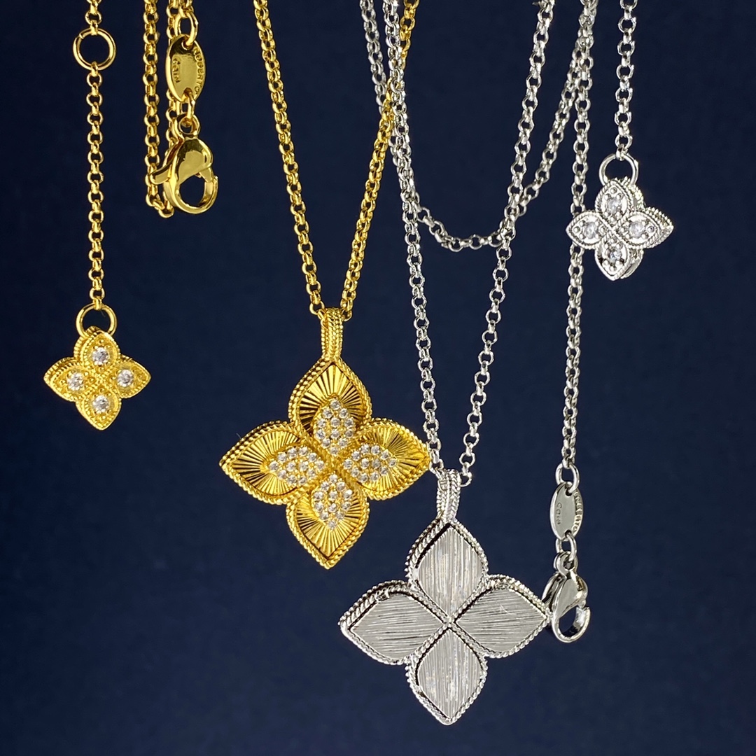 Roberto Coin Princess Flower necklace 18k white gold with clear diamonds 18k yellow gold with clear diamonds 18 inches