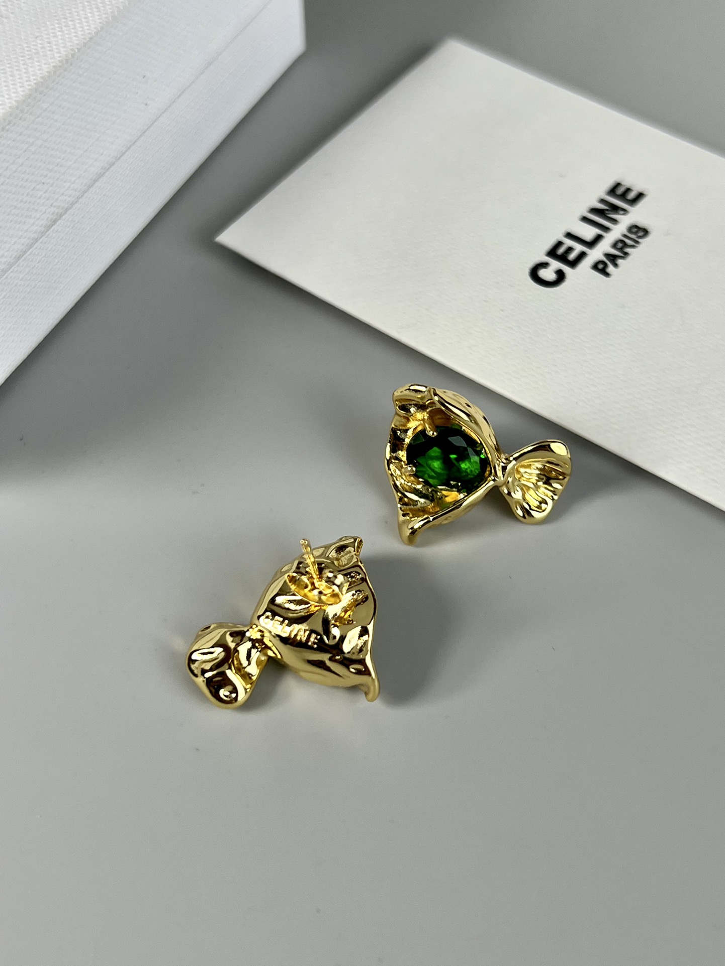 Celine Fish Stud Earrings earrings Gold-toned metal with clear red and green faceted gemstones 1 5cm stud diameter